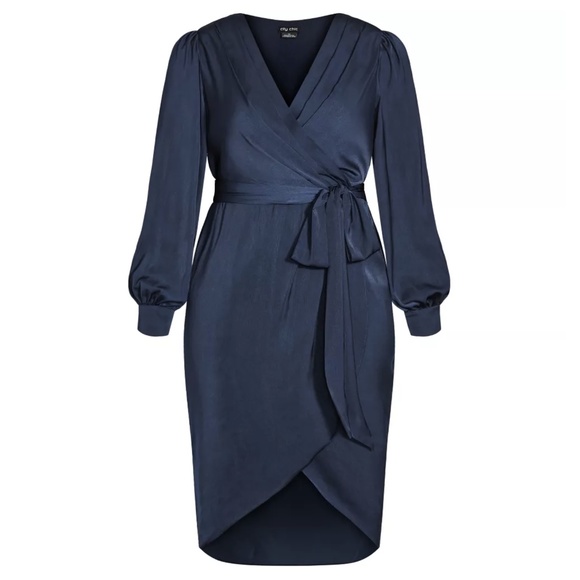 NEW City Chic Opulent Faux Wrap Long Sleeve Belted Midi Dress in Navy Sz. 24 - Picture 5 of 6
